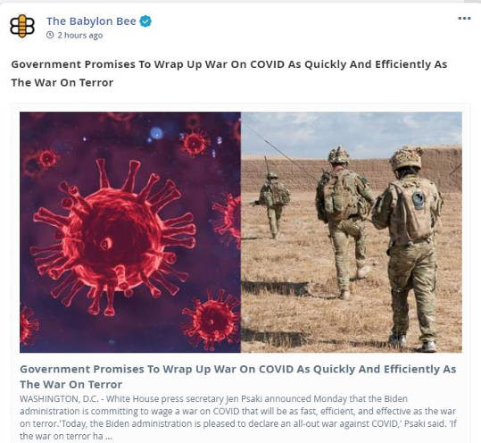 babylon bee government wrap up covid war quickly as war on terror