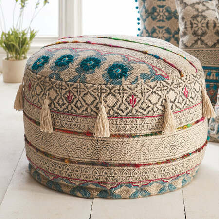 Tribal block printed pouffe with  hand stitched embroidery