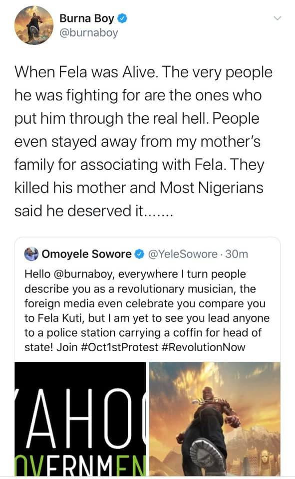 I am not Fela, leave me out of your schemes - Burna Boy fires back at Omoyele Sowore after being invited to #RevolutionNow protest