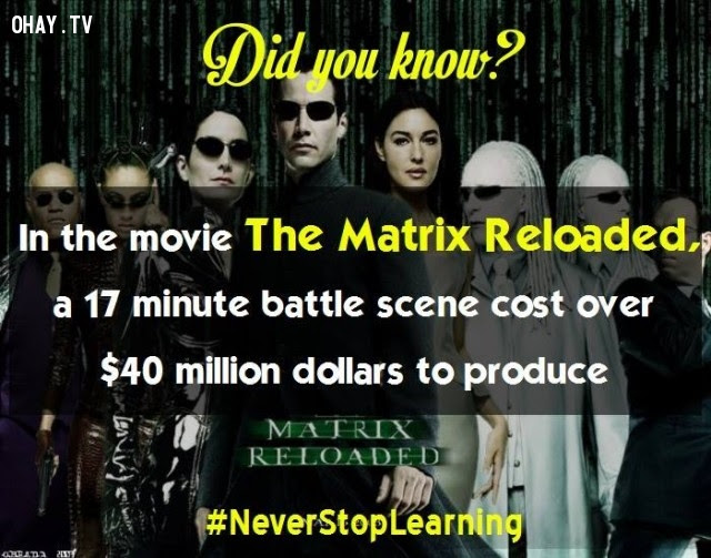 7. Trong phim The Matrix Reloaded, chi phí sản xuất một cảnh chiến đấu dài 17 phút là hơn 40 triệu đô.,sự thật thú vị,những điều thú vị trong cuộc sống,khám phá,sự thật đáng kinh ngạc,có thể bạn chưa biết