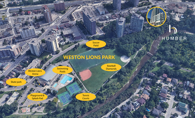 Aerial view of Weston Lions Park, containing a skate park, arena, splash pad, playground, swimming pool, tennis courts, baseball diamonds, and soccer field.