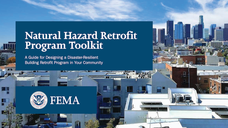 Promotional graphic for FEMA's new Natural Hazard Retrofit Program Toolkit with LA skyline in back and FEMA logo in front.