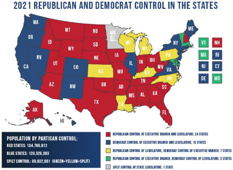 2021 Republican and Democrat Control in the States map