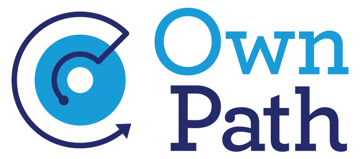The OwnPath logo incorporates an icon comprised of two key components. An arrow that takes a nonlinear path, ultimately forming an abstract “C” shape. A circle with a smaller circle removed from its center, forming an abstract “O”. These components are placed over top of each other to form one cohesive icon. To the right of this icon is the name “OwnPath”.