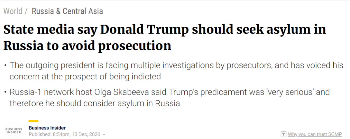 Screenshot of news story saying Trump should move to Russia