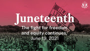 Juneteenth in white text behind pink and green civil rights images as a background. 