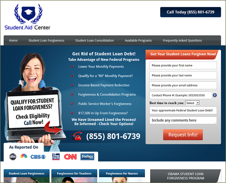 Captura de pantalla de un ejemplo de un anuncio engañoso  de alivio de préstamos estudiantiles