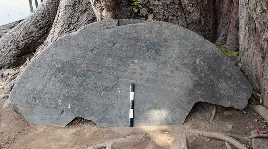 Sharma claims to have found this broken vajrasana from the seventh-century AD under a tree on the Mahabodhi Temple campus.