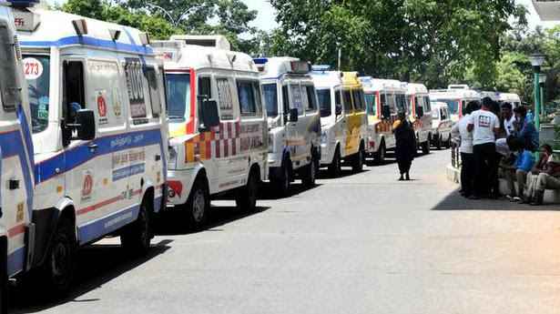  11/05/2021 : Ambulances with oxygen support COVID-19 patients waiting outside for admission at the Rajiv Gandhi Government General Hospital (RGGGH) in Chennai on Tuesday 