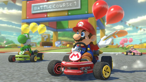 The Mario Kart 8 Deluxe game races to the Nintendo Switch console with more characters, karts and tr ...
