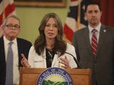 Ohio Department of Health director Dr. Amy Acton speaks at a news conference about the coronavirus Saturday, March 14, 2020 at the Ohio Statehouse. Behind her is Ohio Gov. Mike DeWine (left) and Secretary of State Frank LaRose. (Doral Chenoweth/The Columbus Dispatch via AP)