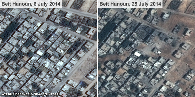 Satellite images of part of Beit Hanoun in northern Gaza taken 19 days apart show buildings destroyed and damaged