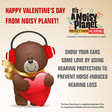A cartoon teddy bear holding a Valentine's Day heart wears earmuffs to protect his hearing. 