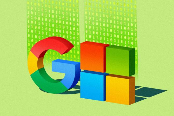 Google and Microsoft logo in front of binary code.