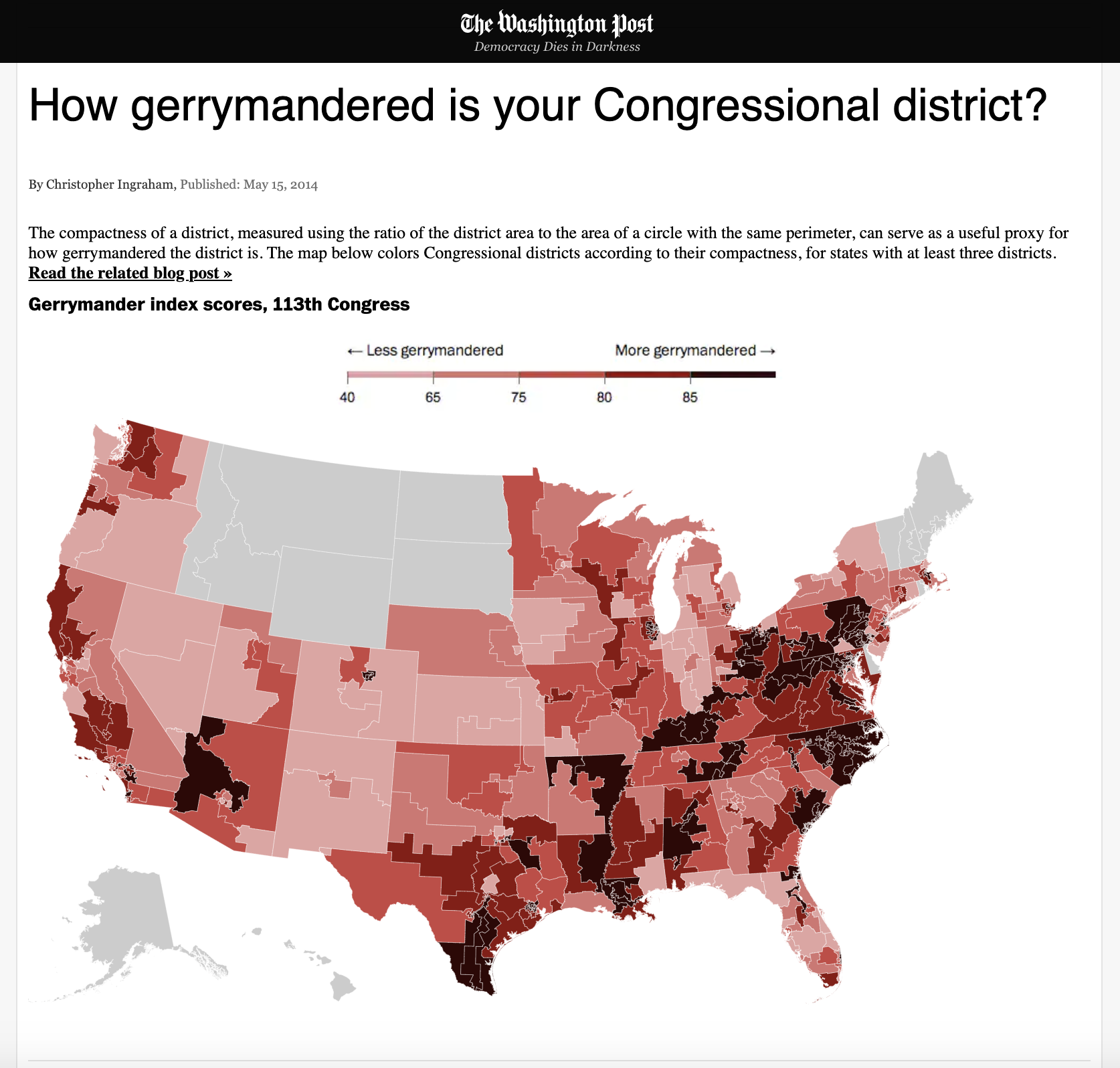 The compactness of a district, measured using the ratio of the district area to the area of a circle with the same perimeter, can serve as a useful proxy for how gerrymandered the district is. The map below colors Congressional districts according to their compactness, for states with at least three districts.