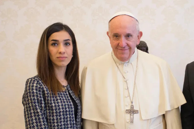 Nobel Peace Prize winner Nadia Murad meets with Pope Francis at the Vatican on Dec. 20, 2018.