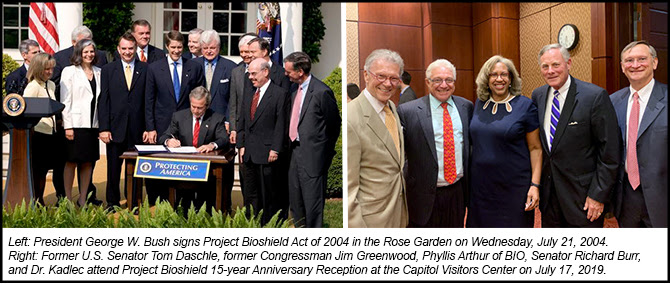 Photo of President Bush signing original legislation creating Project Bioshield; second photo of anniversary event