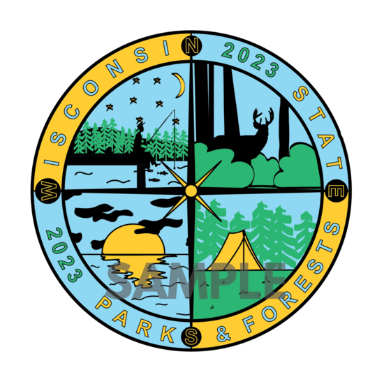 Circle sticker design featuring a compass with different recreational themes available throughout Wisconsin’s state park system