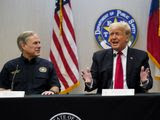 Texas Gov. Greg Abbott and former President Donald Trump attend a briefing with state officials and law enforcement at the Weslaco Department of Public Safety DPS Headquarters before touring the U.S.-Mexico border wall on Wednesday, June 30, 2021, in Weslaco, Texas. Trump was invited to South Texas by Abbott, who has taken up Trump&#39;s immigration mantle by vowing to continue building the border wall. (Jabin Botsford/The Washington Post via AP, Pool)