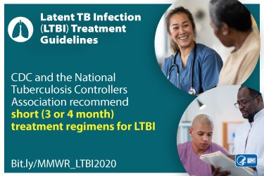 The figure shows an infographic about Latent TB Infection (LTBI) Guidelines and recommended treatment regimens for LTBI.