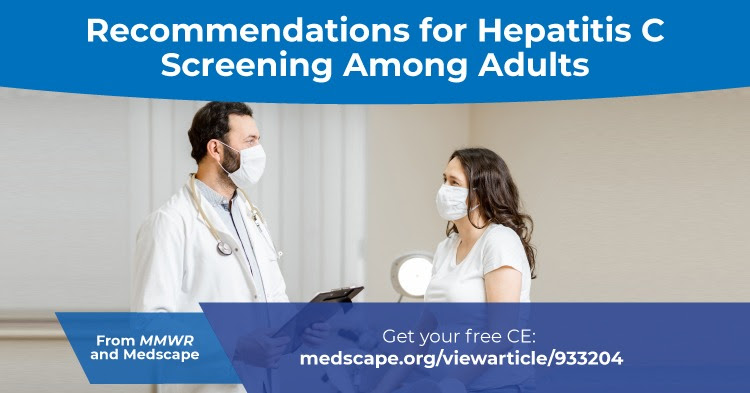 The figure is a photo of a health care provider speaking with a pregnant patient with text about a free CE activity on recommendations for hepatitis C screening among adults.