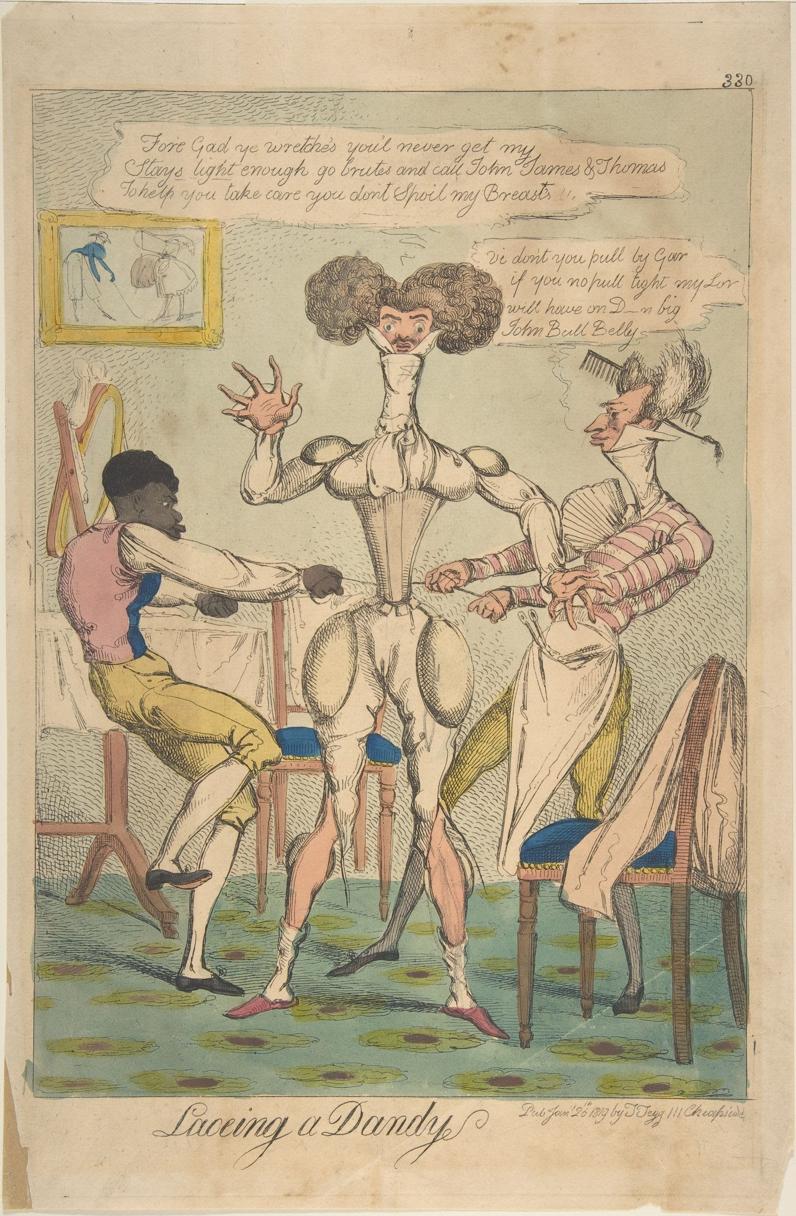 “Lacing a Dandy” es una viñeta satírica de George Cruikshank en la que aparece un hombre en cors con cintura de avispa y...
