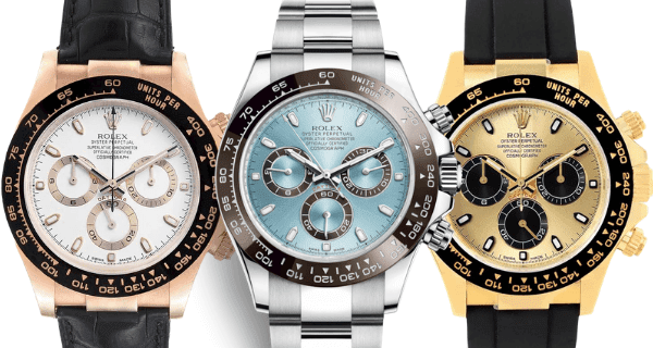 Earlier models of the Rolex Cosmograph Daytona with Ceramic Bezels: Everose Gold, 50th Anniversary Platinum, and Yellow Gold.