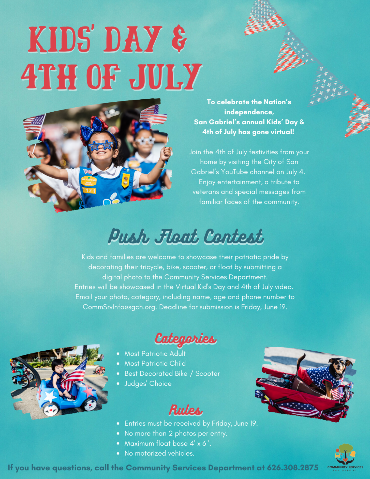 Kids' Day & 4th of July Flyer, Patriotic design and pictures of children in festive clothes and a dog on a decorated wagon.
