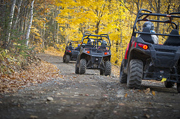 Three ORVs on a road with fall foliage