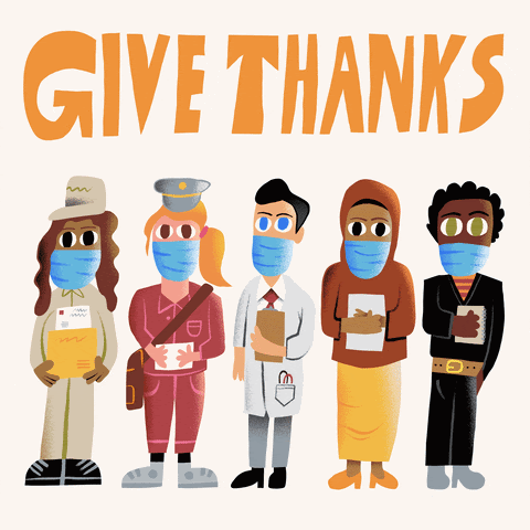 Image of people standing with the words "give thanks" written above them