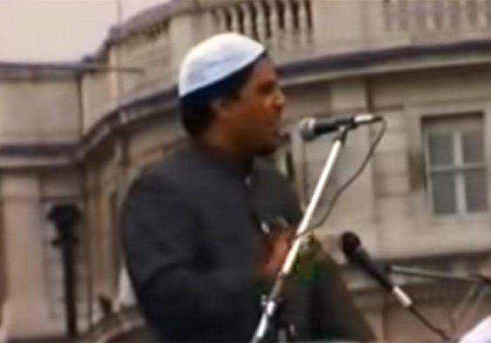 Javaid during the controversial speech at Central London landmark Trafalgar Square