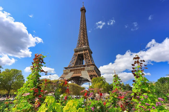 The Eiffel Tower in summer season, with flowers blooming in the foreground.