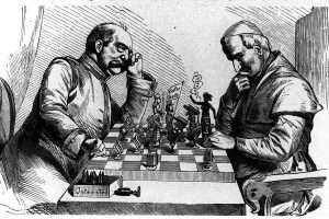 An 1875 caricature of Bismarck and Pope Pius IX playing a game of chess symbolizing the Kulturkampf (Culture War)