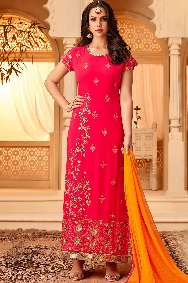 Rani and Orange Georgette Party Wear Straight Suit