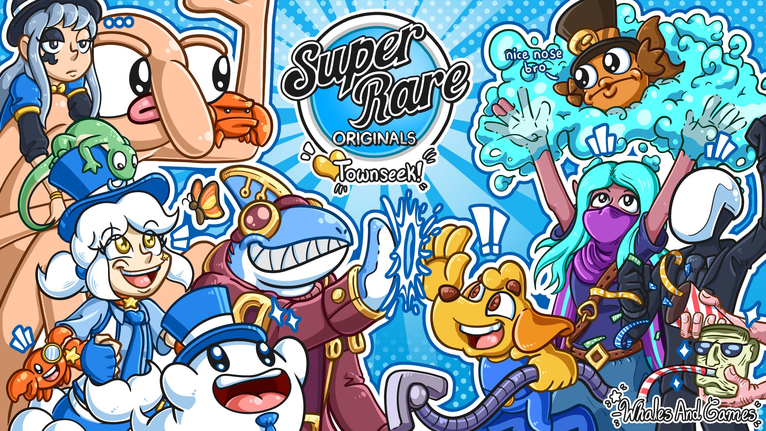 A piece of art by Whales And Games celebrating Townseek joining the Super Rare Originals roster. Captain Jawline is high-fiving Pablo the Dog from Grapple Dog and the two are surrounded by other characters of importance to Whales And Games and Super Rare Originals. From the SRO roster, the characters present are a resident of Grombi Isles from Completely Stretchy, the Gecko from The Gecko Gods, Elisabeth from LONE RUIN, OTXOMan from OTXO, and the health vial from POST VOID.