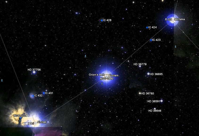 Cinturão do Orion é composto de 3 estrelas. Duas delas estão alinhadas, enquanto a terceira é um pouco deslocada. Imagem do Google Sky 2011, mostrando uma foto de 2007