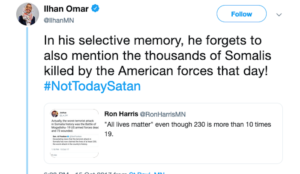 Ilhan Omar falsely claims “thousands” of Somalis killed during 1993 Black Hawk Down mission, adds “NotTodaySatan”