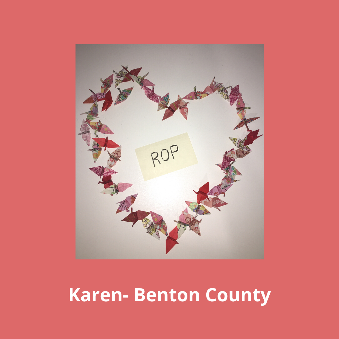 Origami cranes arranged in a heart shape with the letters ROP in the center and text "Karen - Benton County" 