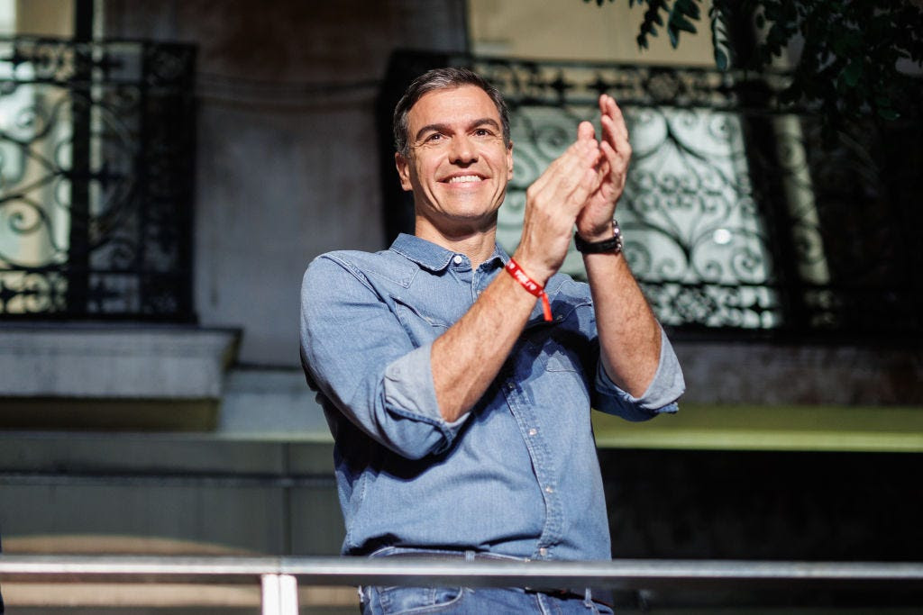 Pedro Sánchez celebrates victory in Spanish election.