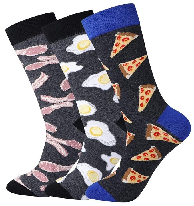 Men's ODD Pizza Egg Bacon Fancy Food Patterned Calf Dress Crew Socks (Size 7-13)