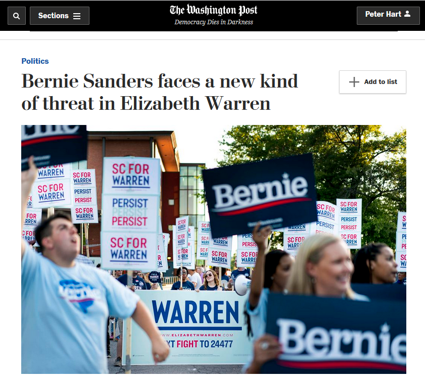 WaPo: Bernie Sanders faces a new kind of threat in Elizabeth Warren