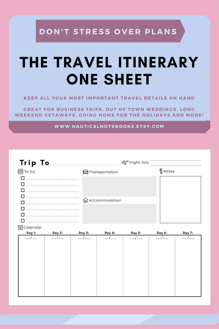 Free basic travel planner template 3. Travel Itinerary Template Printable Vacation Trip Planner Wedding