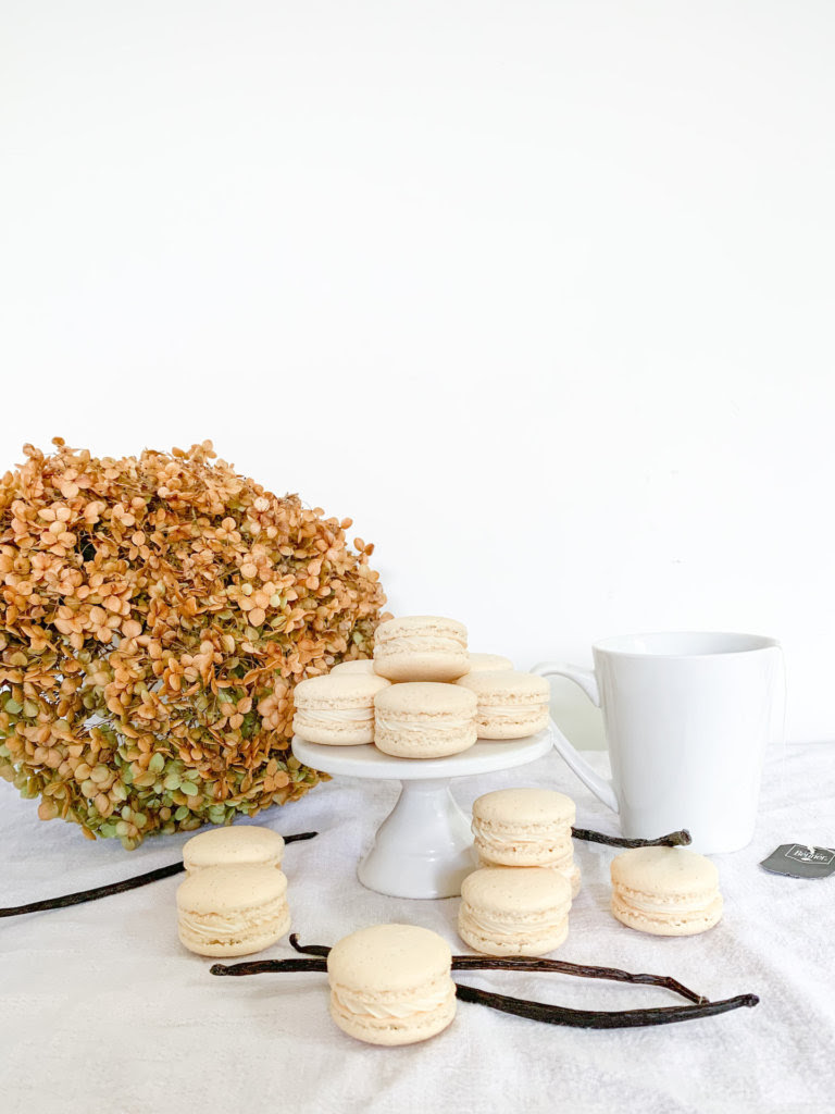 vanilla bean macarons with a dried anabelle hydrangea and a cup of tea with vanilla beans around