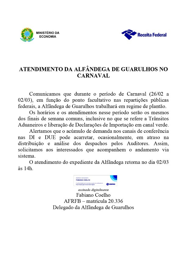 Comunicado Atendimento Carnaval GRU