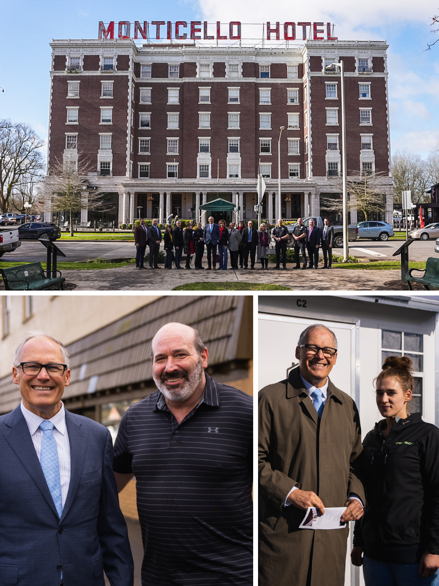A collage shows a group in front of a large hotel, and the governor meeting residents of Longview
