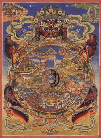 Traditional Tibetan Buddhist Thangka depicting the Wheel of Life