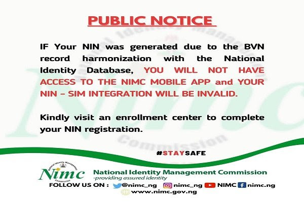 NIN generated from BVN record is invalid - NIMC says; tells Nigerians to visit an enrollment centre to complete NIN registration