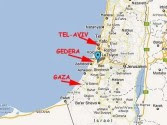 A map of Israel showing Gaza, Gedera and Tel-Aviv