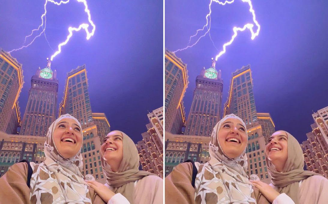 بالفيديو: سيلفي فتاة مع شقيقتها لحظة ملامسة صاعقة لبرج الساعة في الحرم المكي