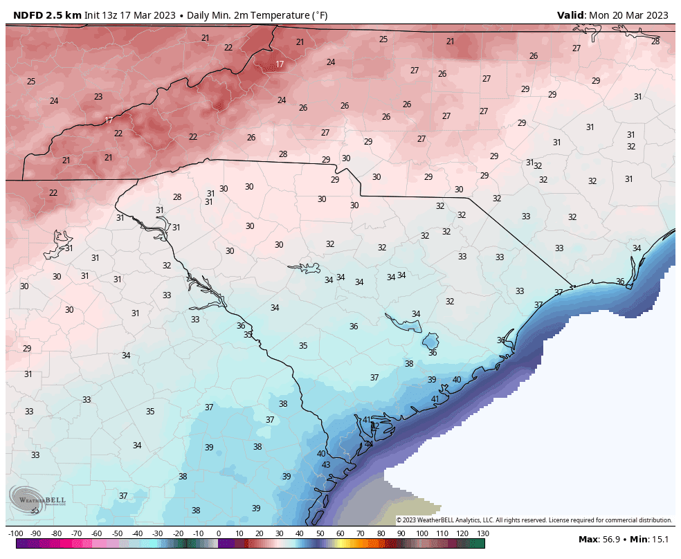 The Monday morning forecast lows across South Carolina from the National Weather Service.
